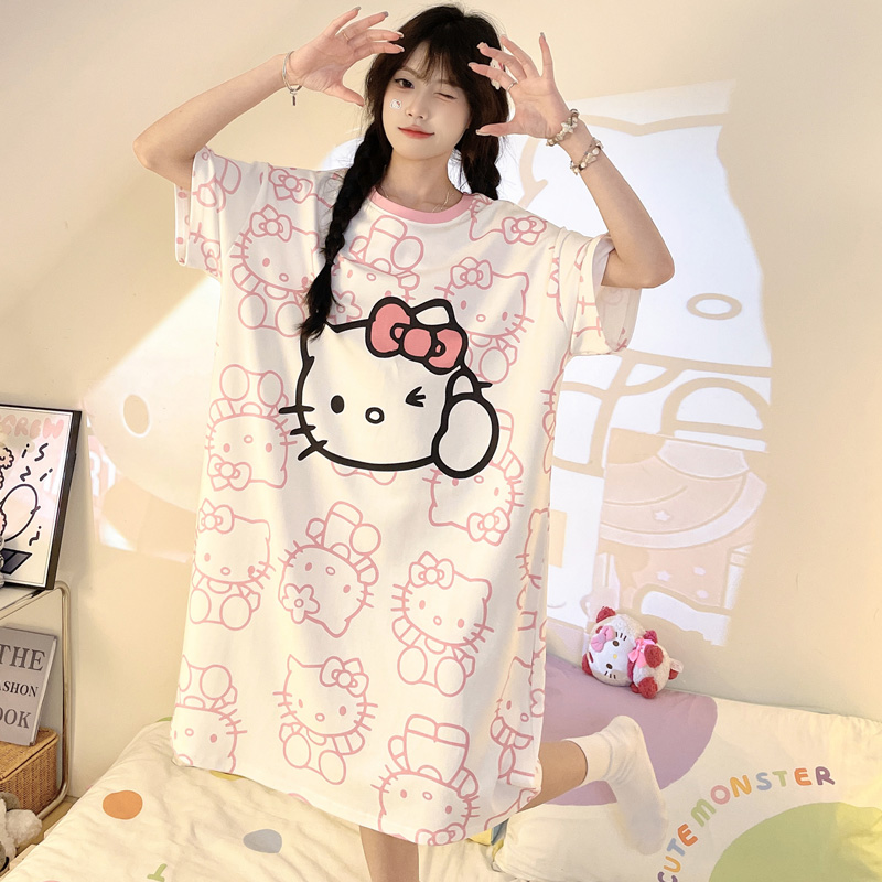 卡通可爱睡裙女夏季短袖中长款宽松加大码圆领Hellokitty甜美睡衣