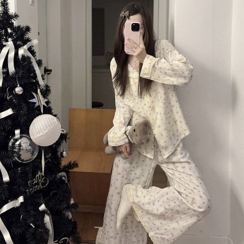 可爱小熊韩系纯棉长袖睡衣女甜美