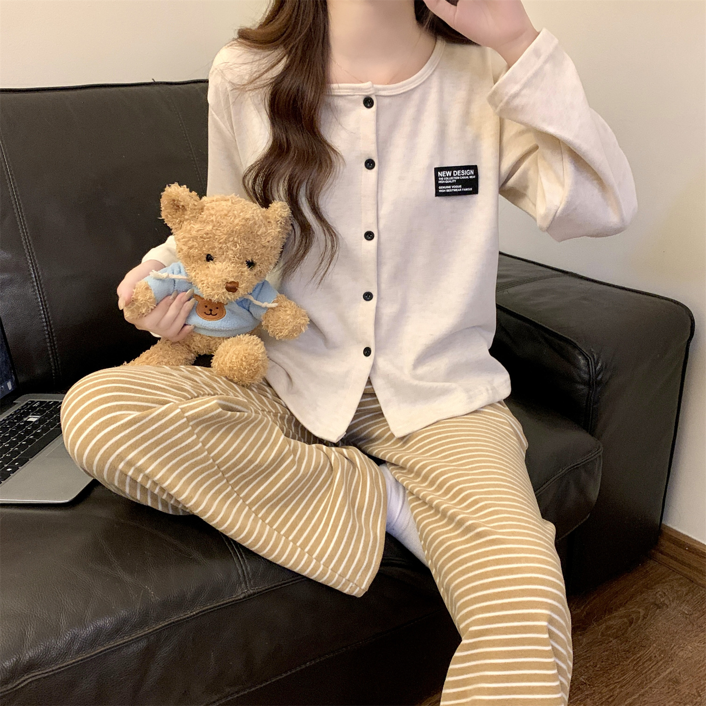 绵羊绒睡衣女秋冬季长袖开衫套装