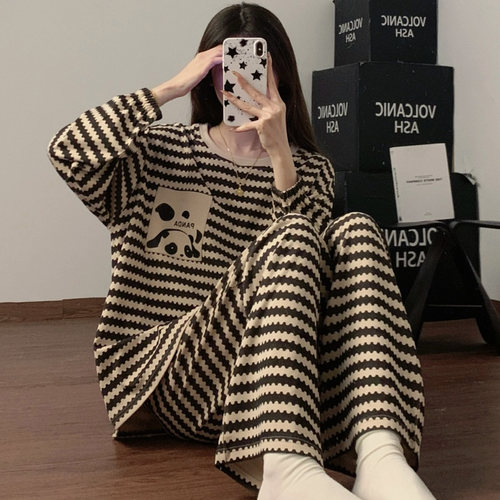 ins风纯棉家居服女士条纹可外穿