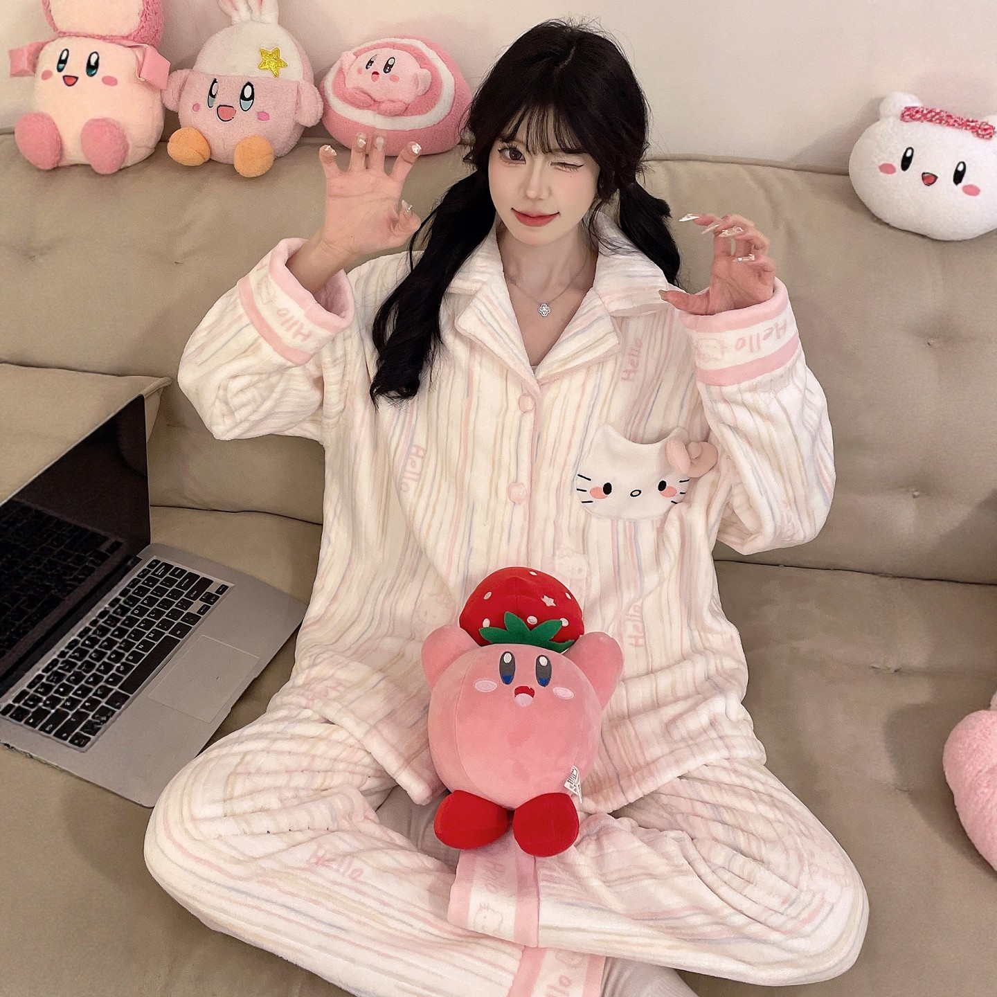 法兰绒睡衣女秋冬季可爱卡通加厚