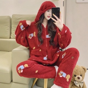 珊瑚绒连帽睡衣拉链套装女秋冬季喜庆红色法兰绒腊肠狗保暖家居服