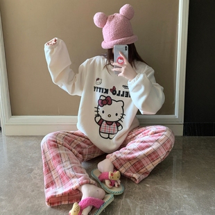 珊瑚绒睡衣女秋冬季加厚加绒保暖可爱卡通HelloKitty法兰绒家居服