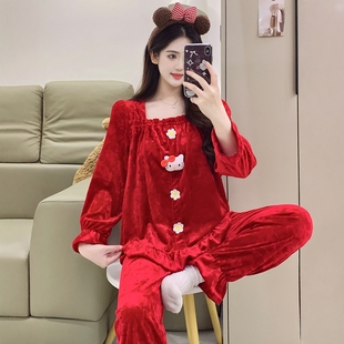 高级感金丝绒睡衣女款本命年花边长袖喜庆红色新婚套装可爱家居服