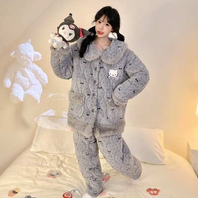 珊瑚绒三层夹棉睡衣女卡通加厚款