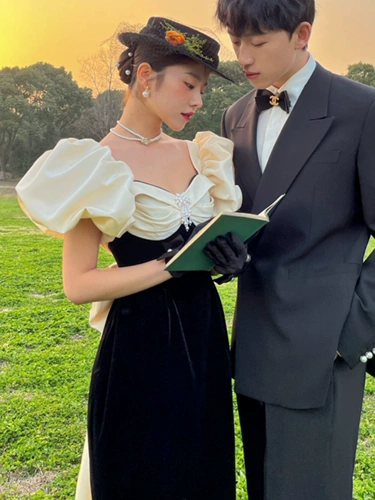 Ретро свадебное платье, черная мини-юбка, французский стиль