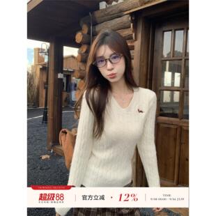 新款 morning bloom刺绣v领麻花针织衫 女秋季 上衣 打底内搭毛衣长袖