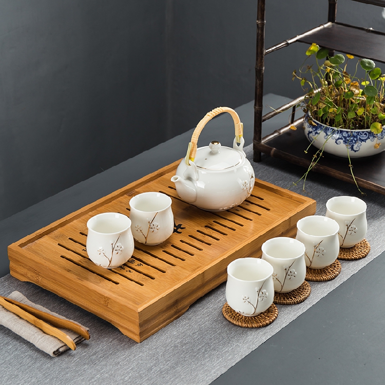 提梁壶白瓷竹托盘送礼功夫茶具