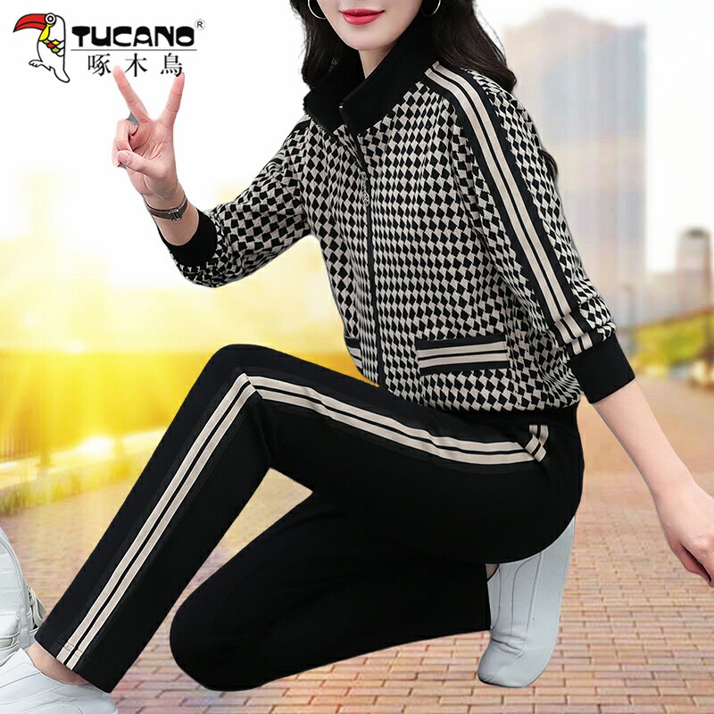 啄木鸟休闲运动套装女两件套春秋季新款妈妈广场舞跳舞服装一整套