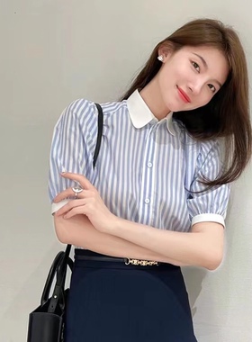 新款蓝色短袖条纹衬衫女夏泡泡袖时尚高级法式气质通勤轻职场上衣