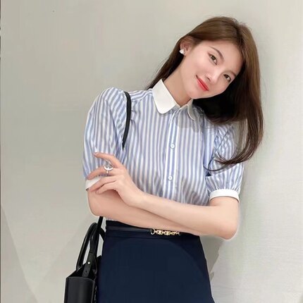 新款蓝色短袖条纹衬衫女夏泡泡袖时尚高级法式气质通勤轻职场上衣