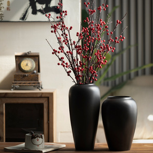 景德镇现代简约陶瓷花瓶黑色粗陶花器酒店民宿客厅台面装饰品摆件