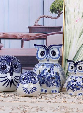 景德镇青花瓷猫头鹰香薰炉雕塑鸟兔子家居客厅装饰工艺品摆件