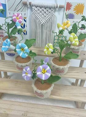 成品手工花钩织毛线花盆栽家居摆件仿真牵牛花毛线针织花创意摆件