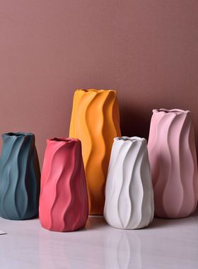 亚光莫兰迪白绿黄粉红色陶瓷花瓶三件套家居装饰花器工艺品摆件
