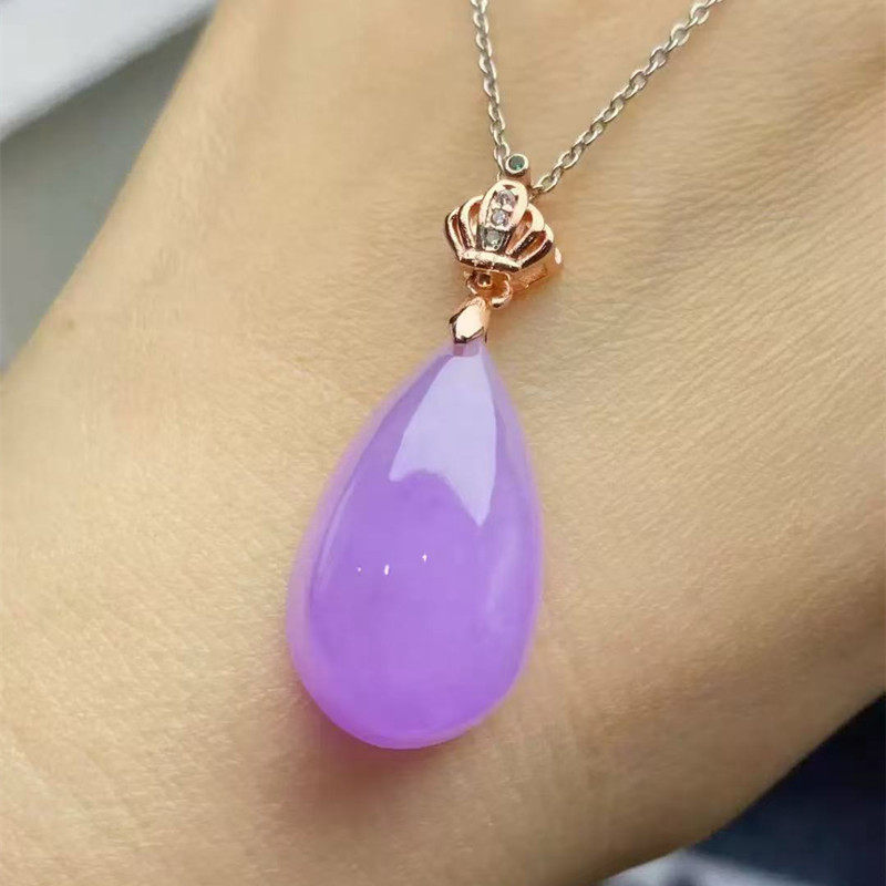老坑冰种翡翠福瓜吊坠缅甸紫罗兰水滴形锁骨项链镶嵌女款