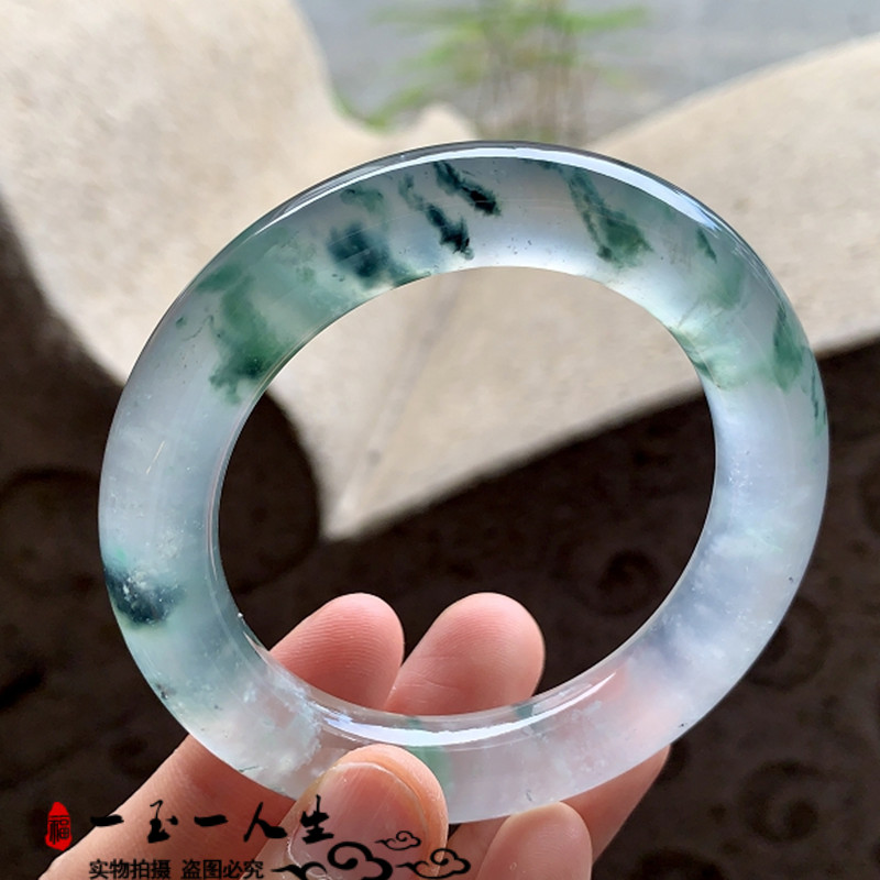 正品天然缅甸老坑翡翠冰种飘蓝花圆条玉手镯冰透水润飘绿女玉镯子