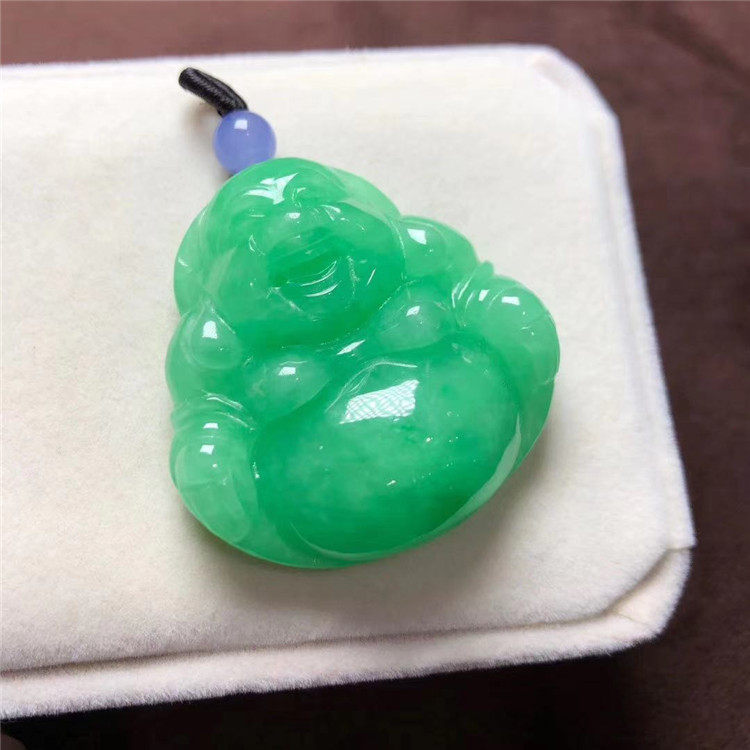 天然缅甸老坑A货翡翠冰糯种满绿弥勒佛玉吊坠阳绿飘花佛公男女款