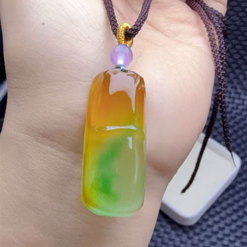 缅甸冰种黄翡翠竹节吊坠老坑黄加阳绿飘花步步高升竹子挂件男女款