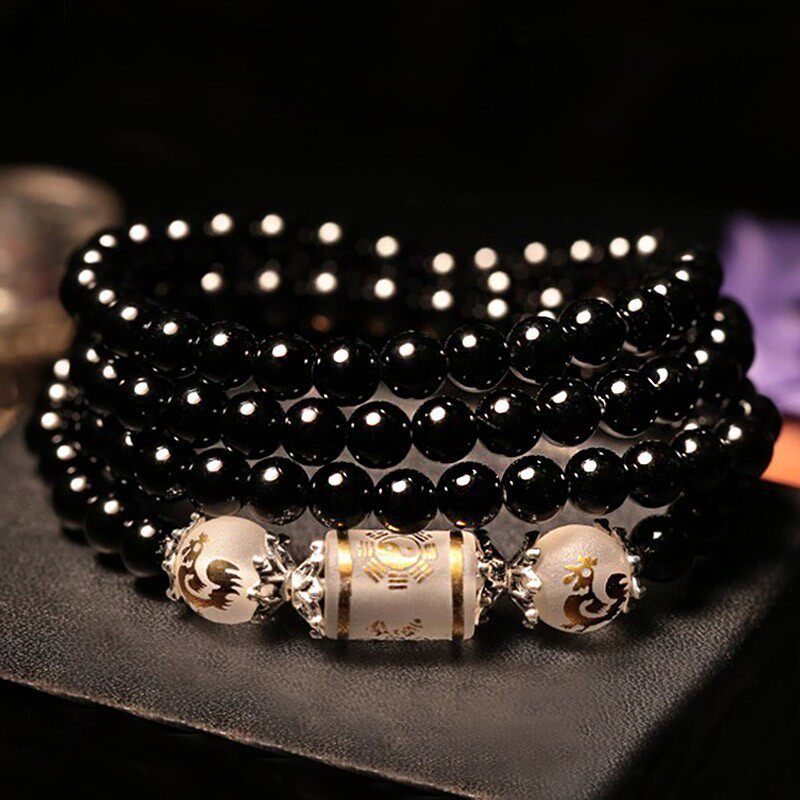 天天特价天然黑曜石手链108颗生肖佛珠男女情侣款多圈磨砂白水晶