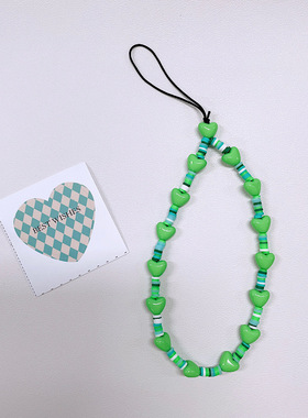 手工原创手机链ins串珠绿色爱心时尚串珠挂绳CCD挂饰绳手腕短款女