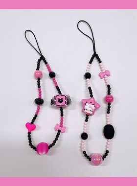 立体KT猫甜酷卡通y2k黑粉串珠手机链ccd相机链ins风明星辣妹潮女