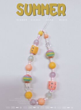 手机挂绳原创童趣可爱搞怪彩虹色串珠挂绳糖果手机挂链ccd相机链