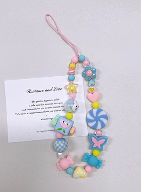 y2K甜妹可爱串珠手机链童趣少女糖果色ccd相机挂饰彩绘珠子蝴蝶