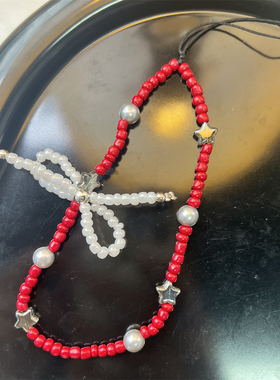 原创设计复古红色串珠蝴蝶结手机链ccd相机链手机挂绳短款