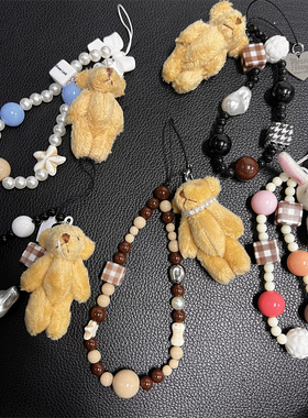 秋冬毛绒兔子小熊撞色珠子ccd相机挂绳手机壳配饰挂件拍立得手绳