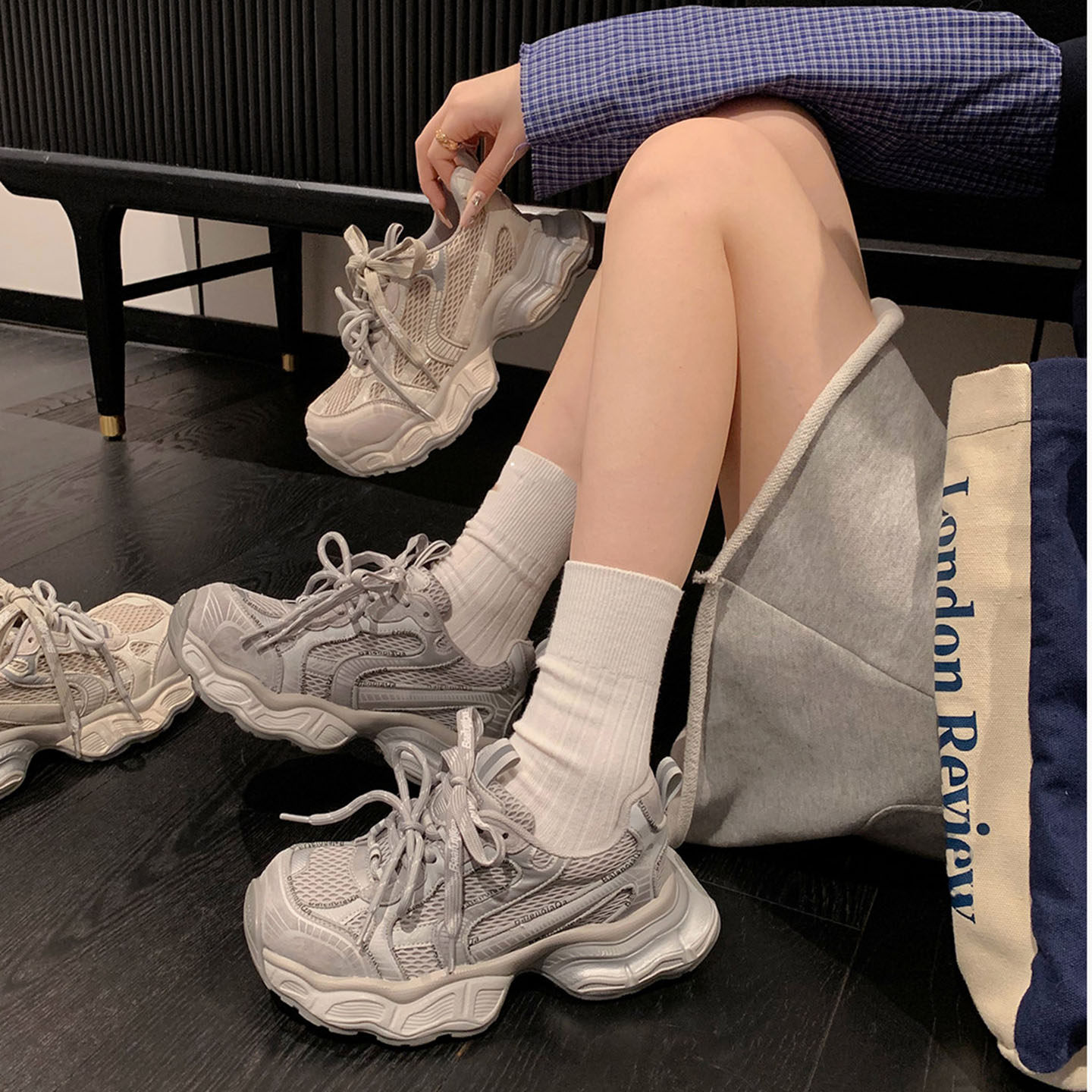 厚底增高绑带老爹鞋女2026春季新款复古网面炸街百搭休闲运动鞋潮,女鞋,时尚休闲鞋,淘宝优惠券,粉丝福利购,淘宝优惠卷