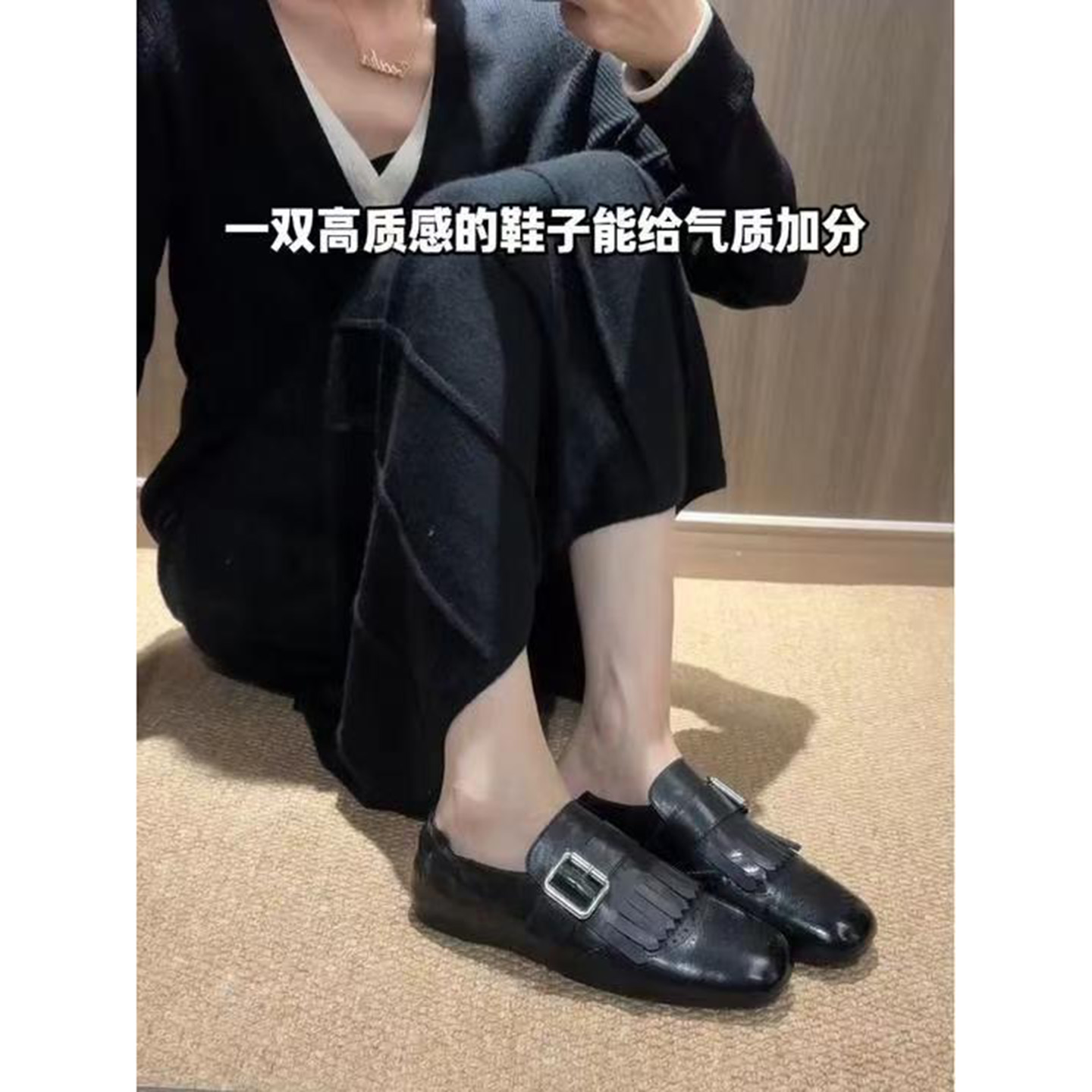 乐福单鞋女百搭黑色皮带扣小皮鞋