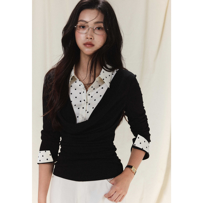 贰羊设计【槿汐】假两件高智感衬衫女秋缎面波点拼黑色荡领针织衫