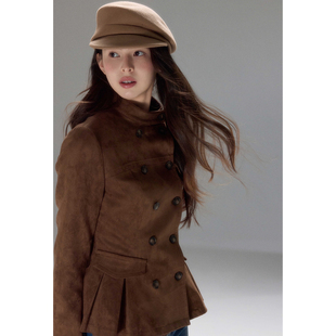 夹棉短款 高智感双排扣麂皮绒外套女冬季 复古夹克 棕麂 贰羊设计