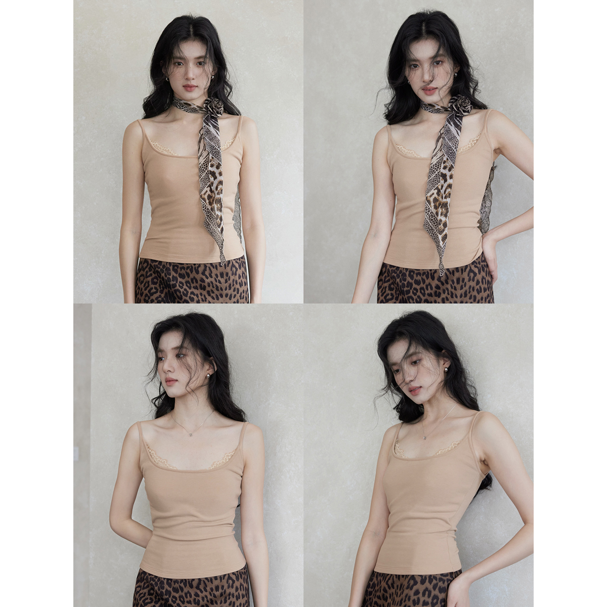 贰羊设计【豆蔻】带胸垫加绒蕾丝吊带背心女秋季百搭内搭打底上衣