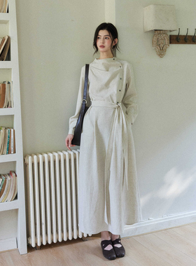 贰羊设计【暮云归】高级感长袖斜门襟连衣裙女秋知识分子风收腰裙