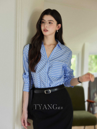 Er Yang Design [Li Nian] Classic Commuting Tencel Cotton Blue Striped Shirt Women's French Style Long Sleeve Shirt