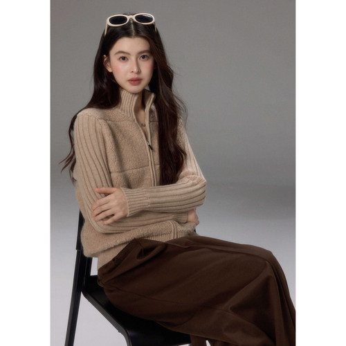 贰羊设计【念瑾】双头拉链拼接针织袖外套女通勤百搭宽松毛衣开衫