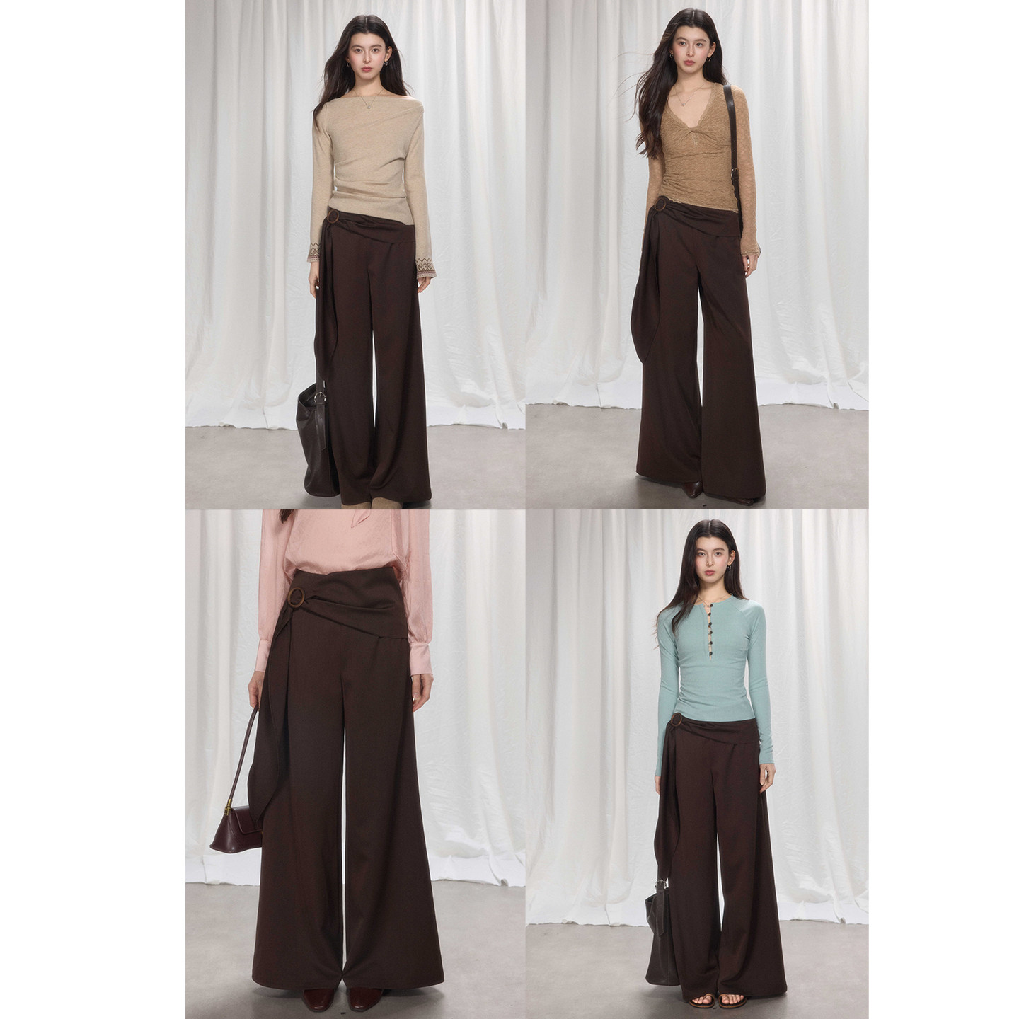 贰羊设计【时序】复古通勤假两件绑带休闲裤女宽松设计感阔腿长裤