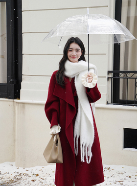 贰羊设计【锦玉】1oo羊毛红色大衣女秋冬高级慵懒感双面呢外套