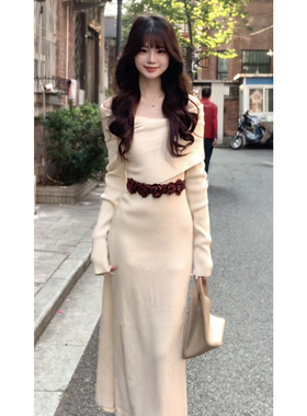 贰羊设计【南枝】高级感一字肩长裙女设计感针织连衣裙温柔气质感