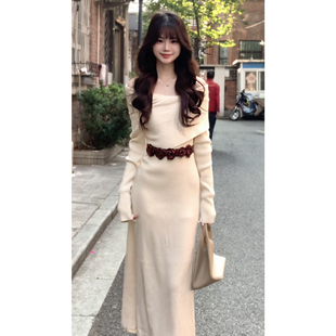 贰羊设计【南枝】高级感一字肩长裙女设计感针织连衣裙温柔气质感