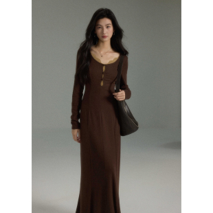 复古针织蕾丝假两件连衣裙女亲肤舒适长袖 法式 裙 景烟 贰羊设计