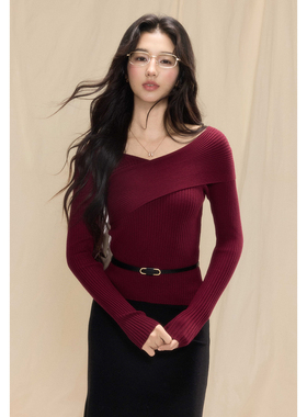 贰羊设计【知节】优雅知性风一字肩V领毛衣女修身设计感针织上衣