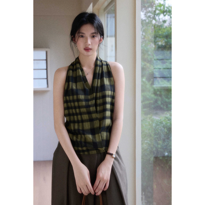 贰羊设计【嘉禾】老钱气质感独特色织格纹无袖背心女无袖挂脖上衣
