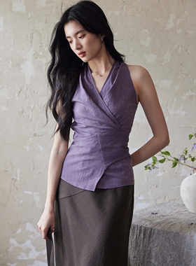 贰羊设计【禾夏】气质紫色v领挂脖上衣女2026设计感绑带无袖背心