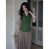 衬衫 挂脖v领无袖 女上衣气质收腰不规则复古背心 禾夏 贰羊设计