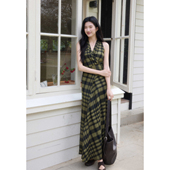 收腰绑带修身 复古V领绿色格纹连衣裙女无袖 长裙 意昭 贰羊设计