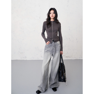 贰羊设计【现货7折】【杜若】美式复古水洗波纹宽松高腰牛仔裤