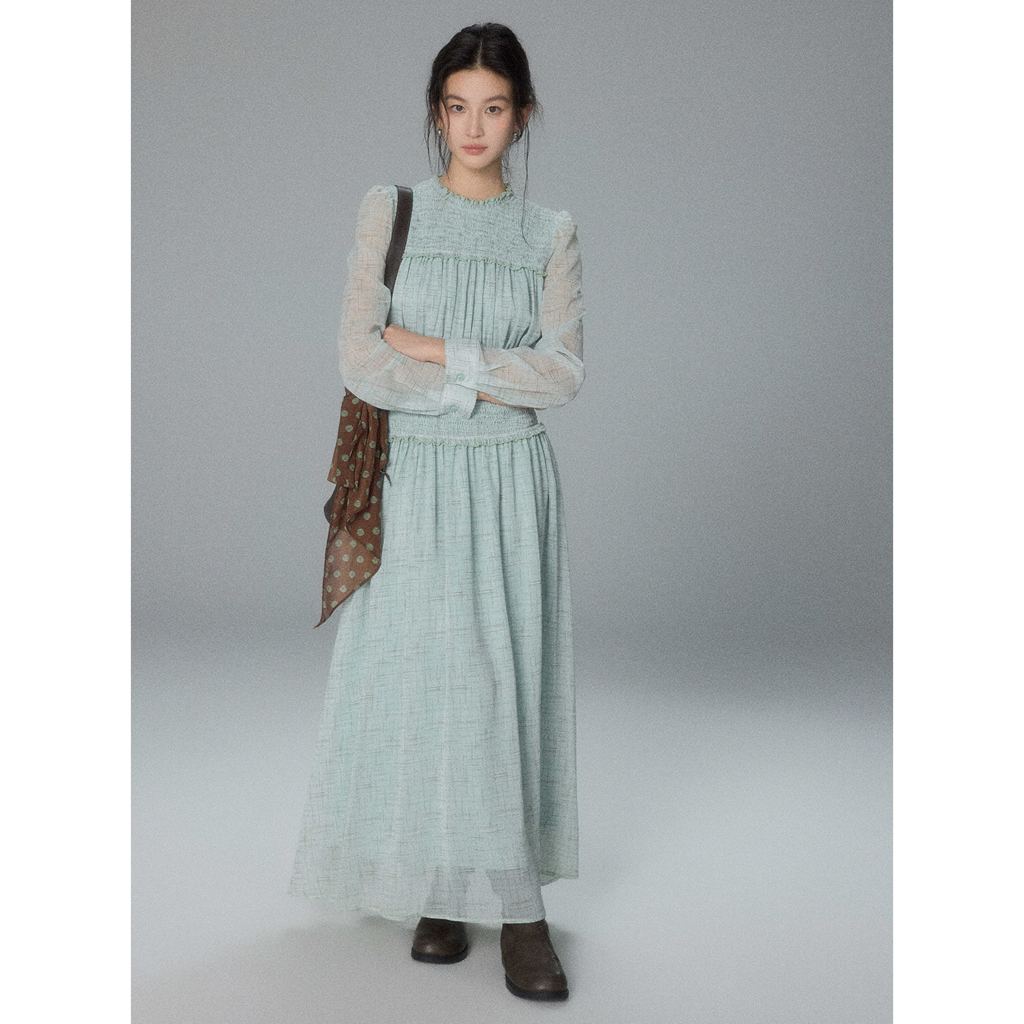 贰羊设计【冷鸢】法式优雅复古打揽收腰连衣裙女长袖雪纺飘逸长裙